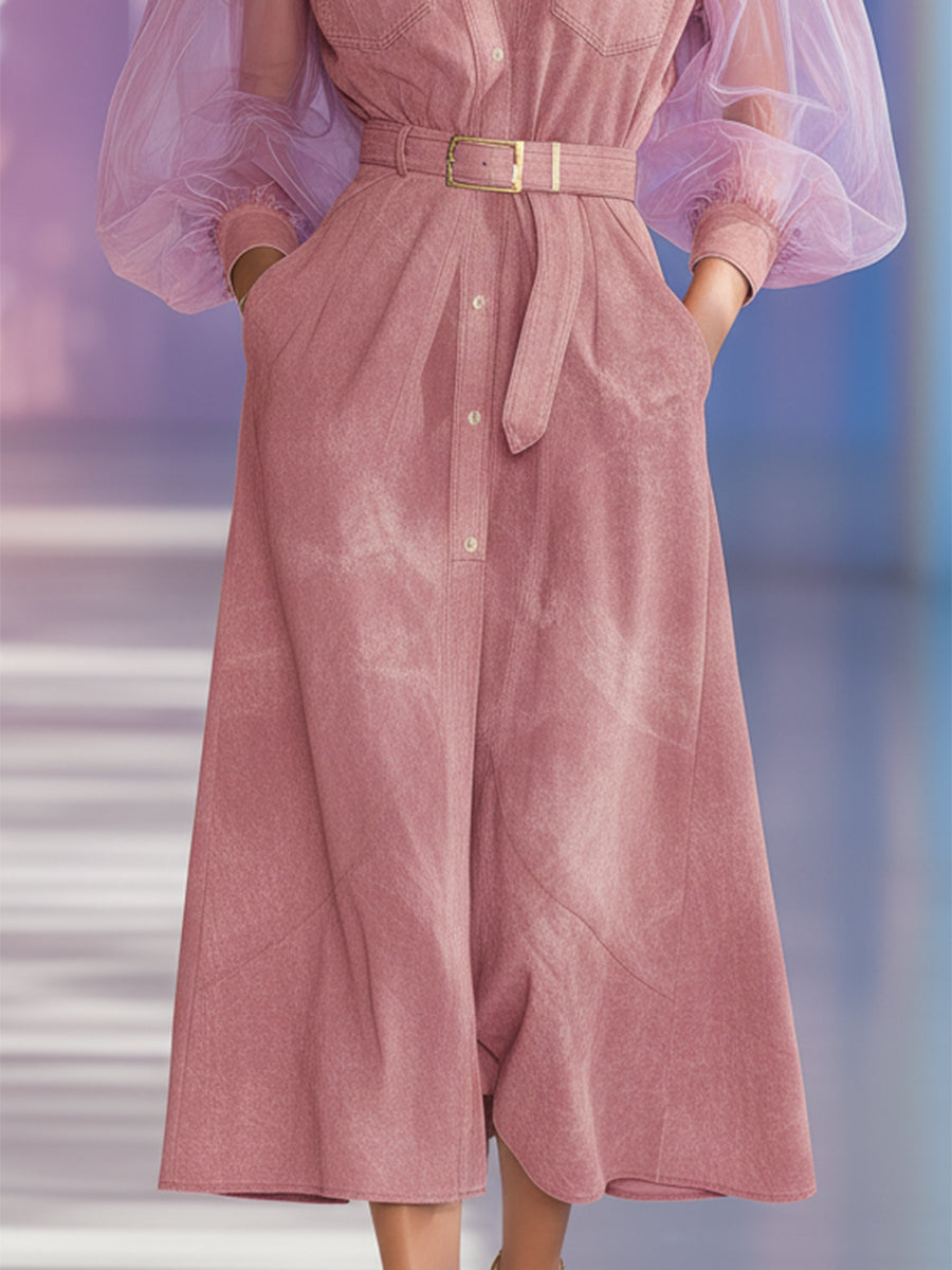 Retro Western Collar Sheer Long-Sleeved Pink Denim Midi Dress