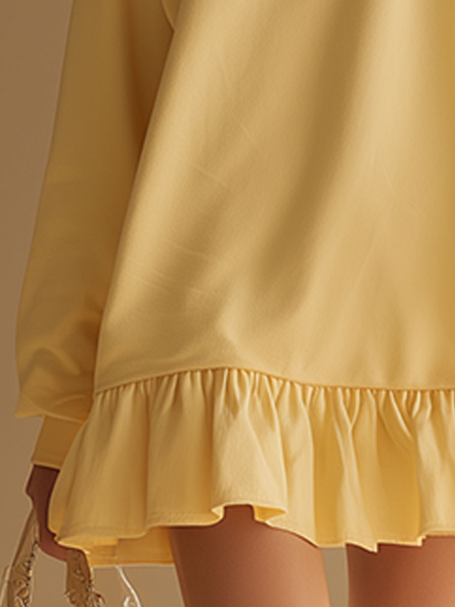 Stylish And Casual Yellow Collared Sweatshirt-style Mini Dress