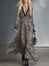 Leopard Print Lace V-Neck Chiffon Maxi Dress