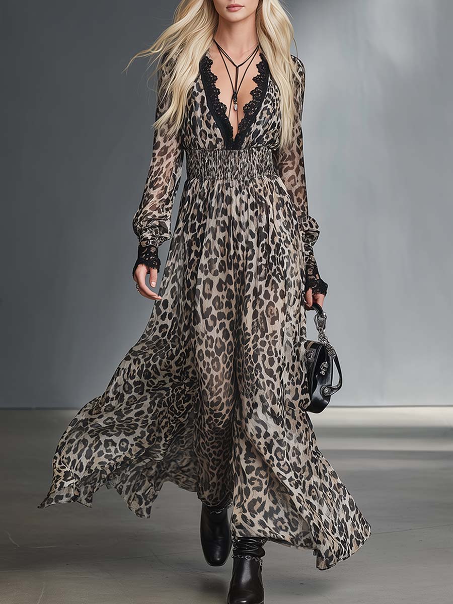 Leopard Print Lace V-Neck Chiffon Maxi Dress