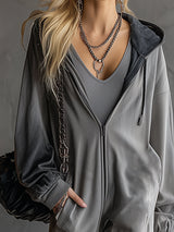 Trendy Sporty Grey Gradient Black Hooded Jumpsuit
