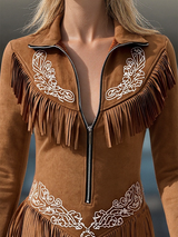 Vintage Western Style Embroidered Tassel Long Sleeve Brown Suede Mini Dress