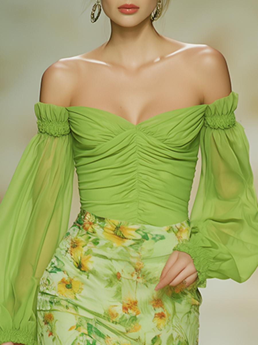 Lazy And Stylish Off-the-shoulder Long-sleeved Chiffon Midi Dress