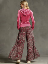 Casual Retro Pink Fleece Hooded Top And Chiffon Leopard Print Wide-leg Pants Set