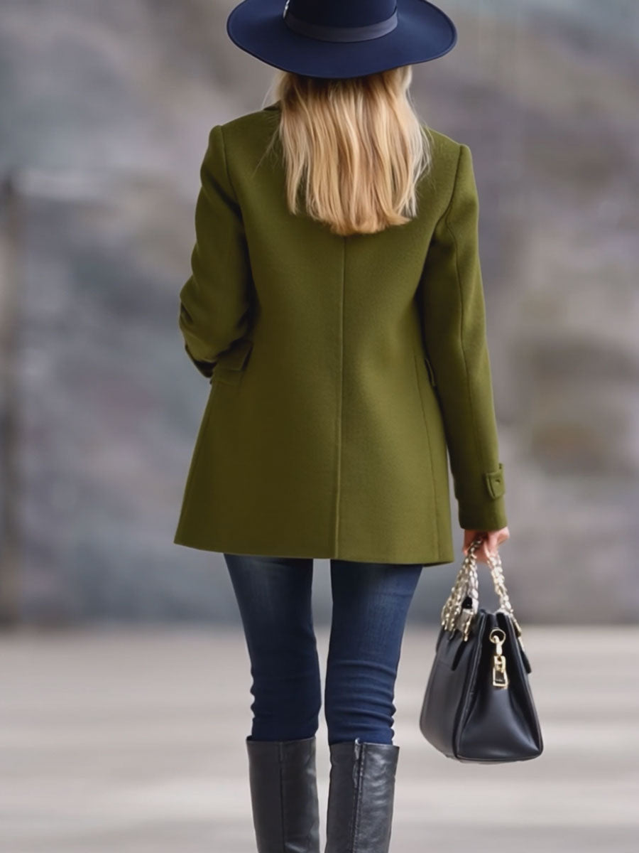 Casual Retro Olive Green Woolen Coat