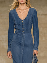 Elegant V-neck Button-down Frayed Denim Long-sleeved Midi Dress