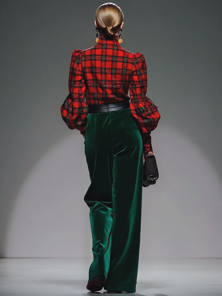 Trendy Retro Plaid Velvet Turtleneck Long-sleeved T-shirt And Wide-leg Pants Set