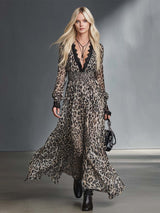 Leopard Print Lace V-Neck Chiffon Maxi Dress