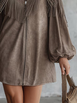 Retro Western-style Tan Faux Suede Off-the-shoulder Fringed Mini Dress