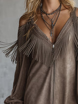 Retro Western-style Tan Faux Suede Off-the-shoulder Fringed Mini Dress