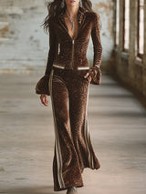 Retro Sporty Brown Leopard Print Lapel Front Zip-up Top And Flared Pants Velvet Set