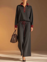 Casual, Retro-style Dark Gray Cotton Sweatshirt And Pants Set