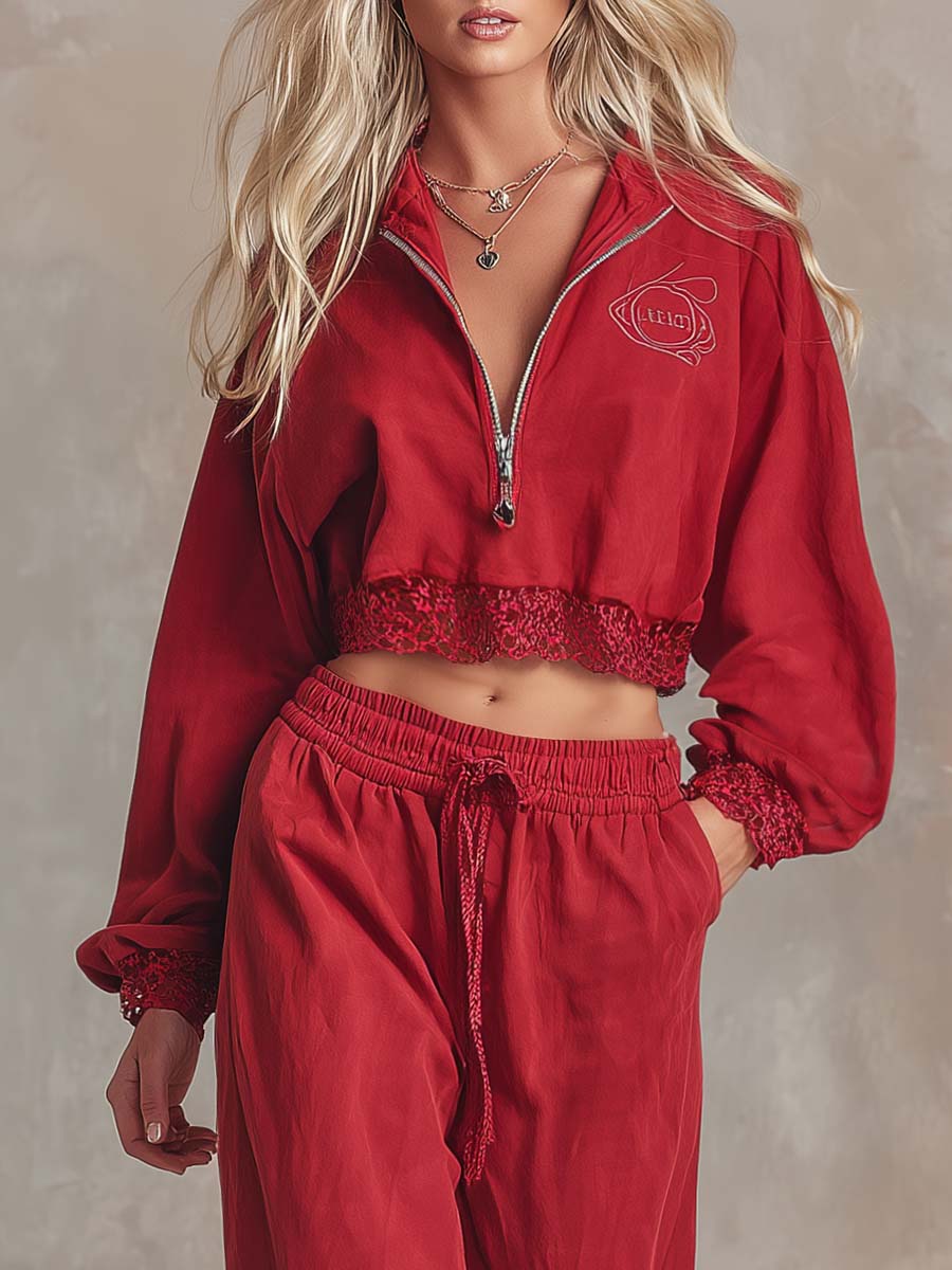 Elegant Retro Sporty Lapel Front Zipper Lace Trim Red Washed Cotton Sweatshirt And Pants Set