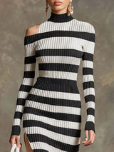 Retro Black And White Striped Knit Off-shoulder Slit Midi Dress