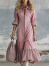 Elegant Pink Checkered Trim Faux Denim Short-sleeved Midi Dress