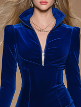 Elegant Vintage-style Zipper Stand Collar Lace Trim Velvet Mini Dress