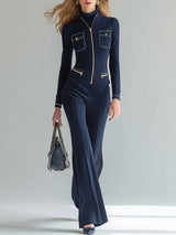 Casual And Versatile Blue Zippered Cotton Jacket And Pants Set.