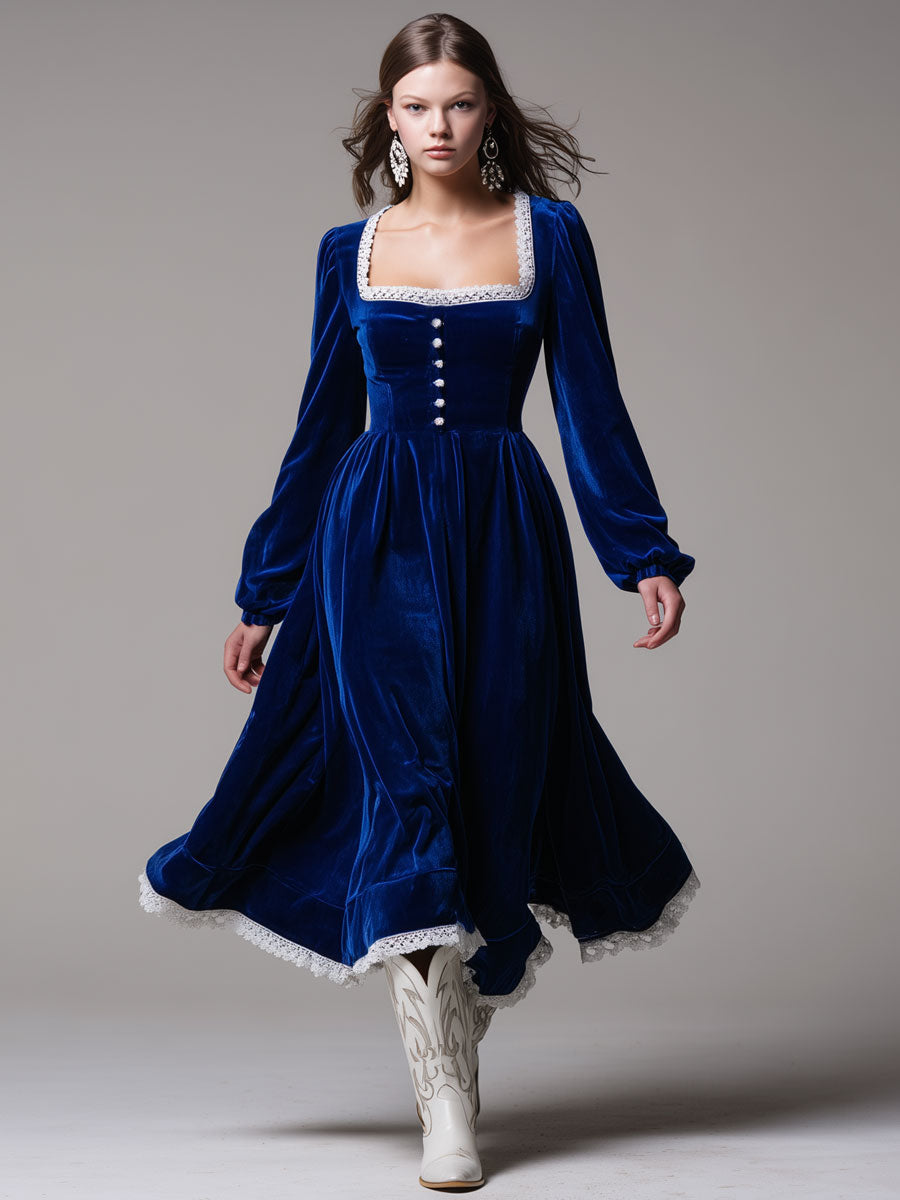 Fashionable Retro Lace-trimmed Royal Blue Velvet Long-sleeved Midi Dress