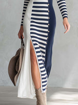 Elegant Retro Exquisite Round Neck Navy And White Contrast Striped Stretch Cotton Slit Midi Dress