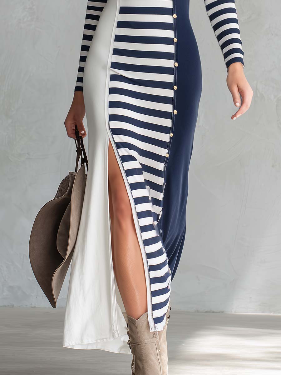 Elegant Retro Exquisite Round Neck Navy And White Contrast Striped Stretch Cotton Slit Midi Dress