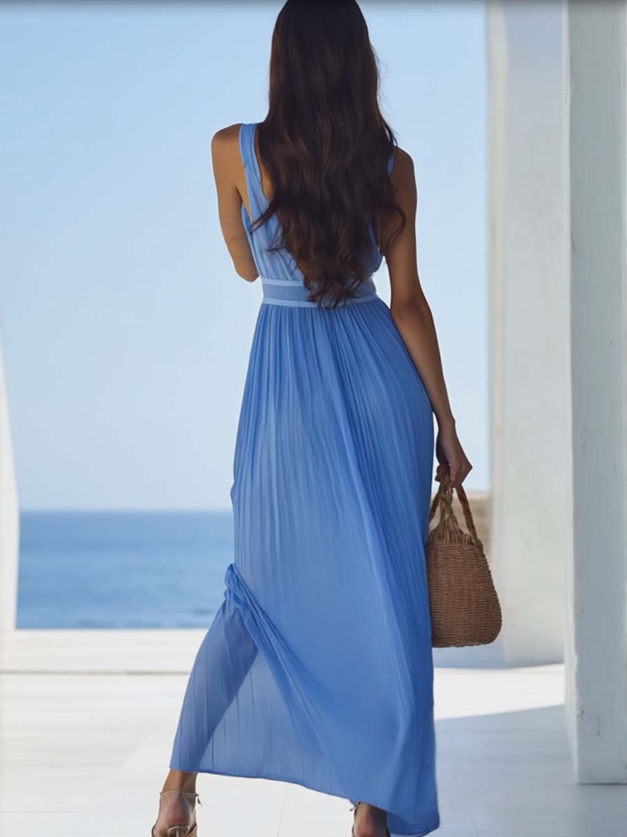 【24-hour shipping out】Bright And Beautiful High-grade Chiffon Light Blue Maxi Dress