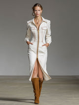 Fashionable Retro Long-sleeved White Denim Double-zip Midi Dress