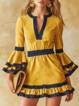 Retro Color-blocked Trim V-neck Ruffled Faux Suede Mini Dress