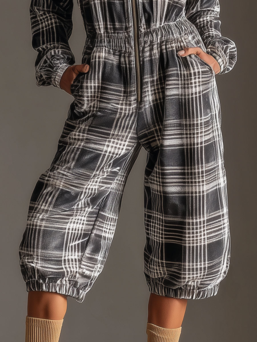 Fashionable Sporty Retro Black And White Checkered Velvet Zip-up Hooded Jumpsuit