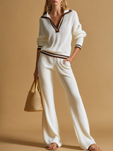 Elegant And Stylish Color-blocked Trim Polo Neck Knitted Top And Trousers Set.