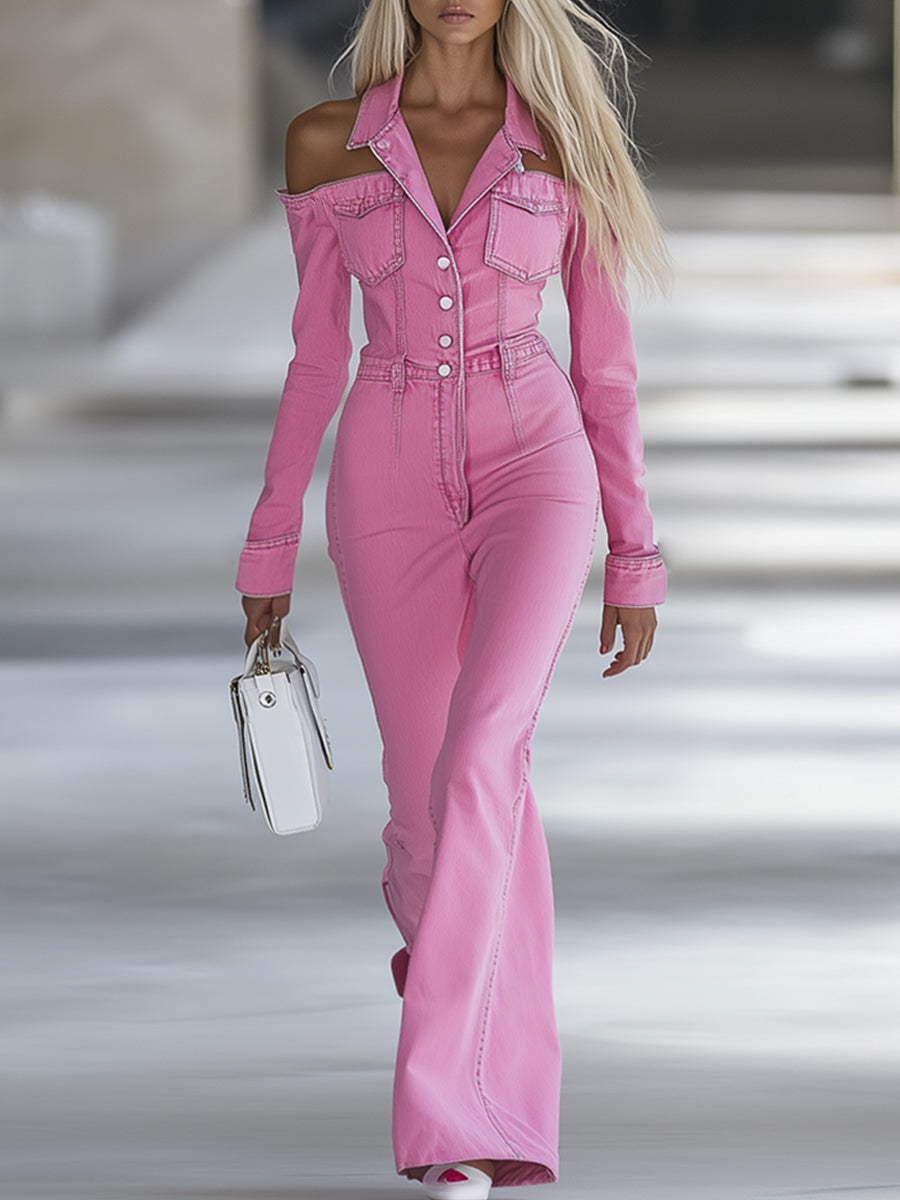 Fashionable Personalized Lapel Pink Denim Off-the-shoulder Long-sleeved Flared Jumpsuit