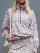 Loose-fitting Leopard Print Stand-collar Zip-up Top And Velvet Skirt Set