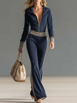 Retro Fashion Sports Hooded Zipper V-neck Dark Blue Knitted Jumpsuit