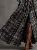 Retro Ethnic Style Belt Blue Faux Suede Plaid Maxi Dress