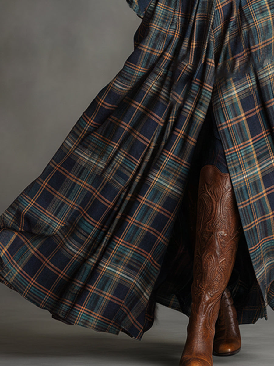 Retro Ethnic Style Belt Blue Faux Suede Plaid Maxi Dress