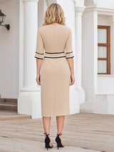 【24-hour shipping out】Elegant And Stylish Black Line Trim Khaki Midi Dress