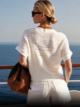 【24-hour shipping out】Casual Fashionable Holiday Style Hollow Knitted White Short-Sleeved Shorts Suit