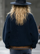 Retro And Fashionable Brown Trim Blue Teddy Fleece Sweatshirt