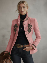 Ruffled Stand-up Collar Single-breasted Rose Embroidered Woolen Jacket