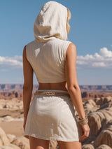 【24-hour shipping out】Retro And Fashionable Wasteland Style Hooded Top Tassel Skirt Beige Cotton And Linen Suit