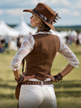 Romantic Western Style Lace Sleeves Brown Suede Shirt