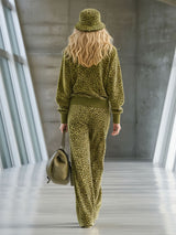 High-end Fashionable Leopard Print Velvet Faux Fur Collar Sweatshirt Wide-leg Pants Suit