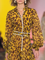 Retro Casual Stand-up Collar Yellow Leopard Print Chiffon Maxi Dress