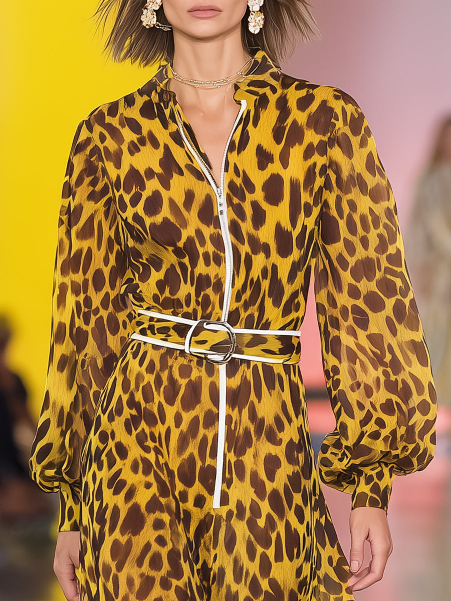 Retro Casual Stand-up Collar Yellow Leopard Print Chiffon Maxi Dress