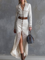 Elegant And Exquisite White Denim Lace-trimmed Maxi Dress