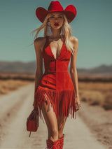 【24-hour shipping out】Elegant And Fashionable Western V-Neck Red Suede Tassel Mini Dress
