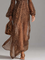 Brown Leopard Print Off-Shoulder Chiffon Maxi Dress