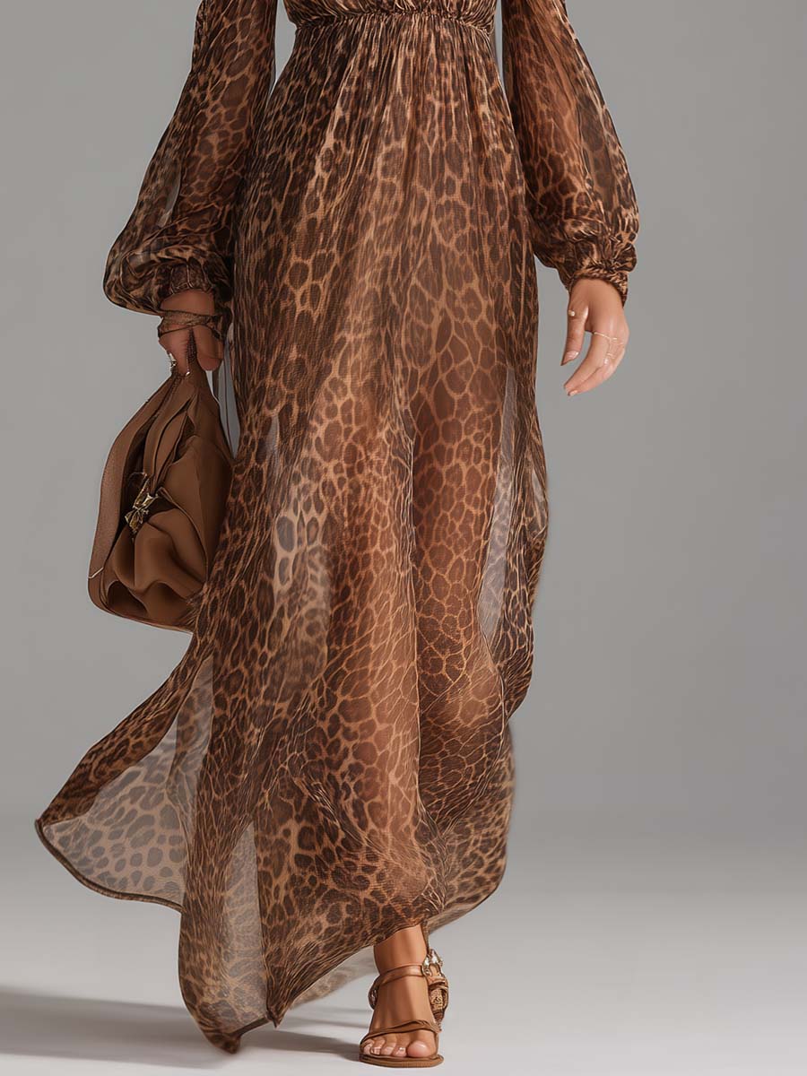 Brown Leopard Print Off-Shoulder Chiffon Maxi Dress