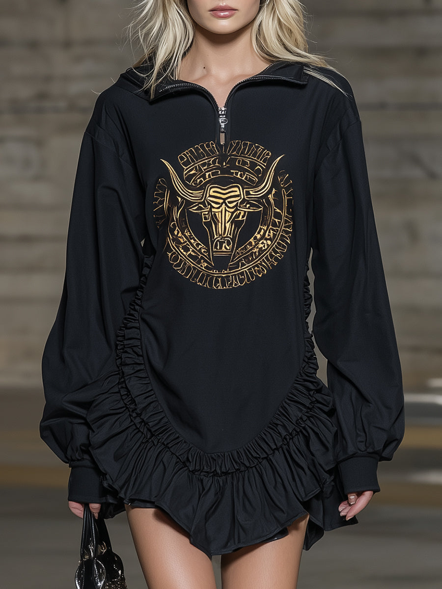 Stylish Black With Bull Head Print And Ruffled HemMini Dress