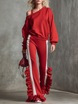 Stylish Sporty Single-shoulder Sweatshirt And Ruffled Wide-leg Pants Set