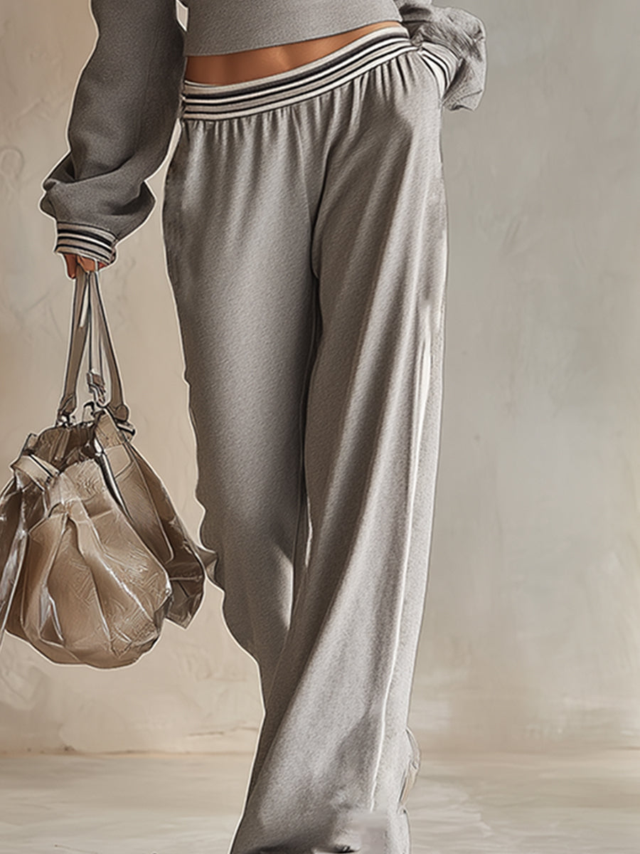 Trendy Retro Sporty Gray Off-shoulder Sweatshirt And Wide-leg Pants Set